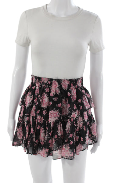 Love Shack Fancy Women Black Silk Floral Mini Skirt Pull On Size XS
