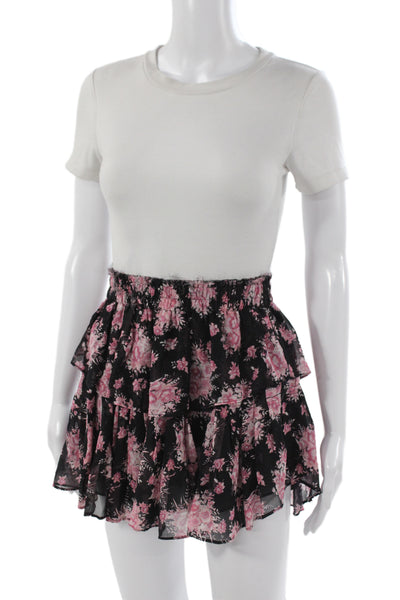 Love Shack Fancy Women Black Silk Floral Mini Skirt Pull On Size XS