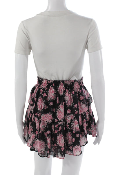 Love Shack Fancy Women Black Silk Floral Mini Skirt Pull On Size XS