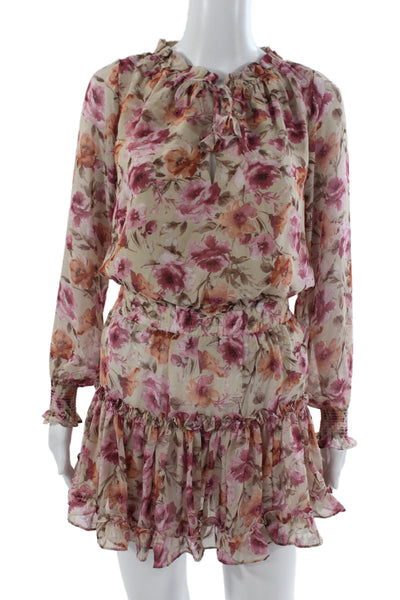 Sky to Moon Women Beige Floral Mini Long Sleeve Tie Neck Dress Size S