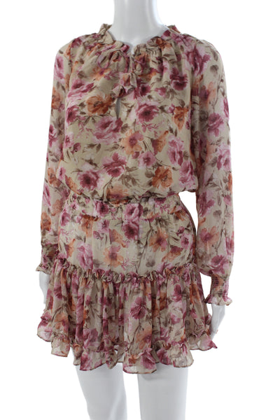Sky to Moon Women Beige Floral Mini Long Sleeve Tie Neck Dress Size S