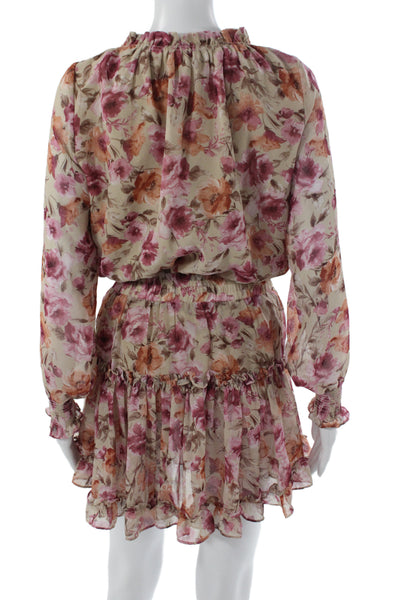 Sky to Moon Women Beige Floral Mini Long Sleeve Tie Neck Dress Size S