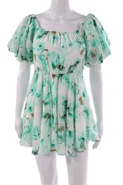 Sky to Moon Women Mini Green Floral Dress Square Neck Short Sleeve Size S