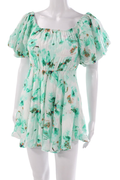 Sky to Moon Women Mini Green Floral Dress Square Neck Short Sleeve Size S