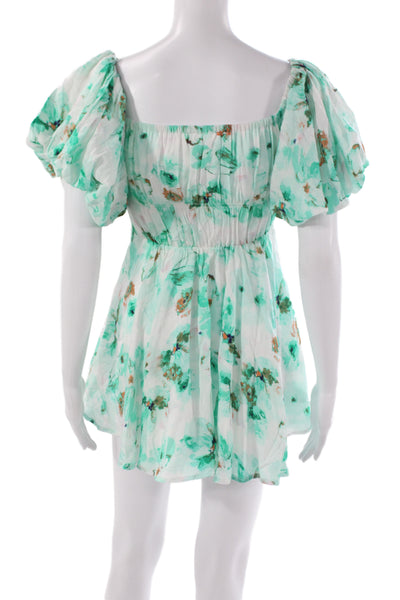 Sky to Moon Women Mini Green Floral Dress Square Neck Short Sleeve Size S