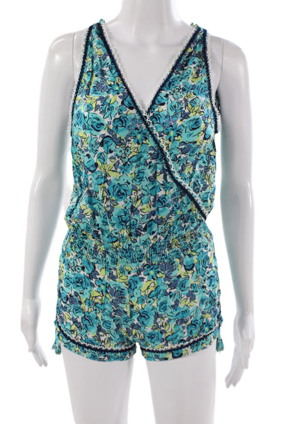 Poupette St. Barth Womens Blue Floral V-Neck Sleeveless Romper Viscose Size XL