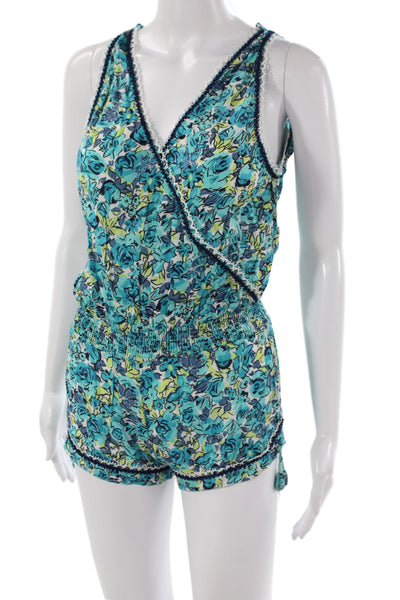 Poupette St. Barth Womens Blue Floral V-Neck Sleeveless Romper Viscose Size XL