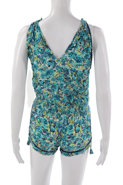 Poupette St. Barth Womens Blue Floral V-Neck Sleeveless Romper Viscose Size XL