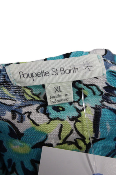 Poupette St. Barth Womens Blue Floral V-Neck Sleeveless Romper Viscose Size XL