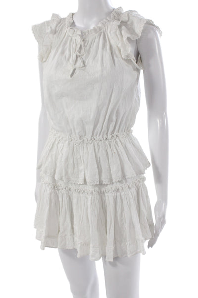 Misa Women White Cotton Mini Dress Sleeveless Round Neck Bohemian Size XS