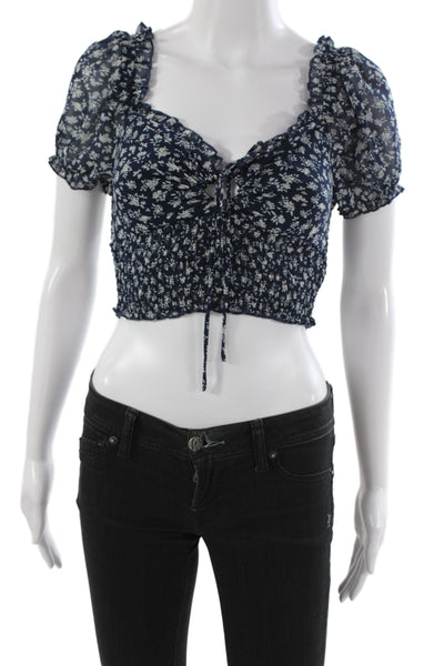 We're All Pretty Girls Women Cropped Floral Tie Blouse Blue Size S