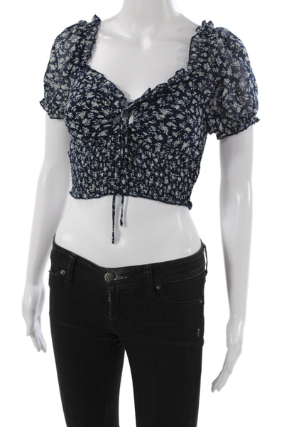 We're All Pretty Girls Women Cropped Floral Tie Blouse Blue Size S