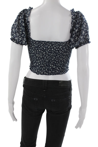 We're All Pretty Girls Women Cropped Floral Tie Blouse Blue Size S