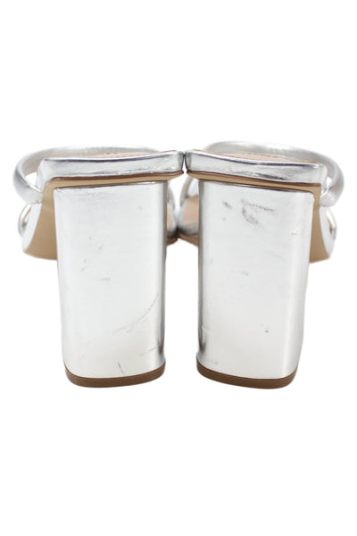 Steve Madden Womens Block Heel Metallic Double Strap Slide Sandals Silver Size 9