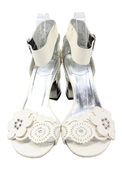 Roger Vivier Womens Block Heel Floral Laser Cut Ankle Strap Sandals White 39