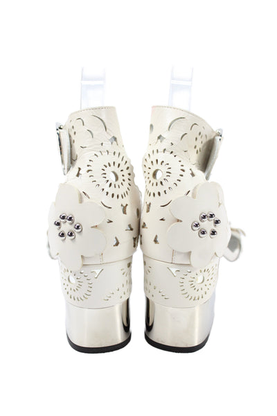 Roger Vivier Womens Block Heel Floral Laser Cut Ankle Strap Sandals White 39