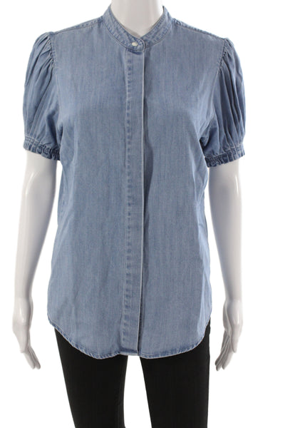 Frame Women Denim Collared Button Short Sleeve Basic Blouse Blue Size S