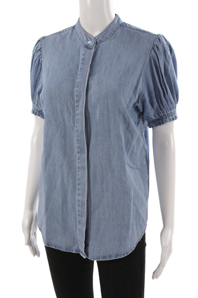 Frame Women Denim Collared Button Short Sleeve Basic Blouse Blue Size S