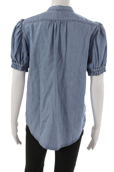 Frame Women Denim Collared Button Short Sleeve Basic Blouse Blue Size S
