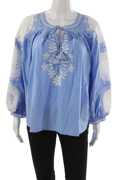 Figue Womens Tunic Blouse Blue Tie Neck Long Sleeve Floral Cotton Size XS