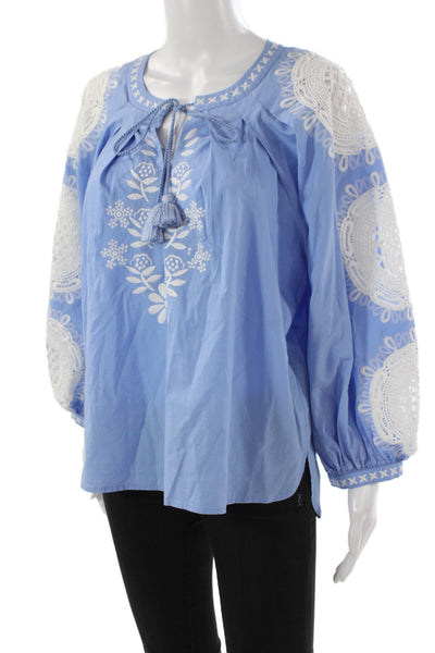 Figue Womens Tunic Blouse Blue Tie Neck Long Sleeve Floral Cotton Size XS