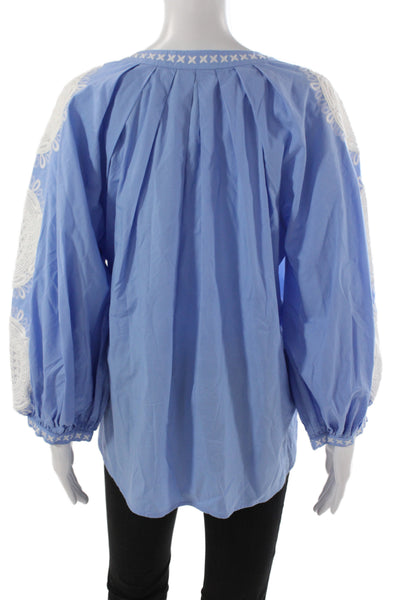 Figue Womens Tunic Blouse Blue Tie Neck Long Sleeve Floral Cotton Size XS