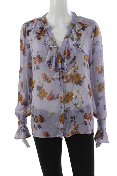 Paige Womens Purple Silk Floral V-Neck Button Long Sleeve Blouse Size S