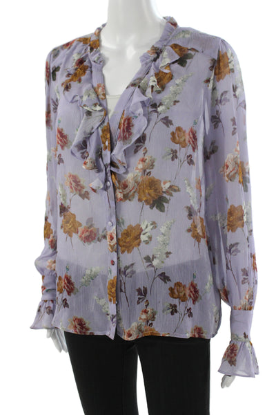 Paige Womens Purple Silk Floral V-Neck Button Long Sleeve Blouse Size S