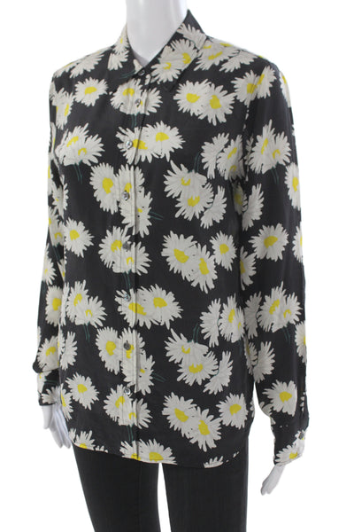 Equipment Femme Women Black Silk Floral Button Long Sleeve Blouse Size S
