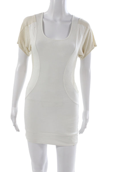Free People Women Bodycon Dress Ivory Scoop Neck Knee Short Sleeve Size XS