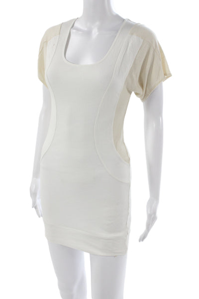 Free People Women Bodycon Dress Ivory Scoop Neck Knee Short Sleeve Size XS