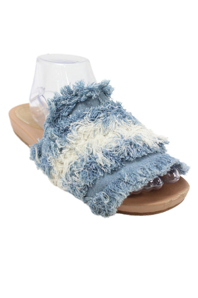 Bill Blass Womens Single Strap Denim Fringe Slide Sandals Blue White Size 8.5