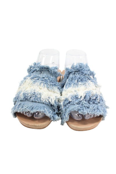 Bill Blass Womens Single Strap Denim Fringe Slide Sandals Blue White Size 8.5