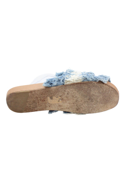 Bill Blass Womens Single Strap Denim Fringe Slide Sandals Blue White Size 8.5