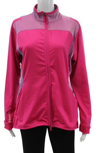 J. Lindeberg Womens Pink Striped Track Jacket High Neck Zip Long Sleeve Size XL