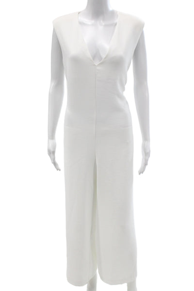 Zara Womens White Sleeveless V-Neck Jumpsuit Zip Minimalist Size L