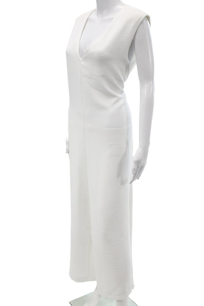 Zara Womens White Sleeveless V-Neck Jumpsuit Zip Minimalist Size L