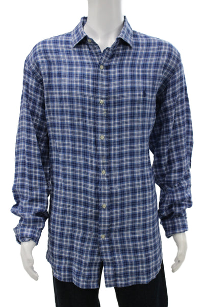 Polo Ralph Lauren Mens Button Down Blue Plaid Linen Size 2XL