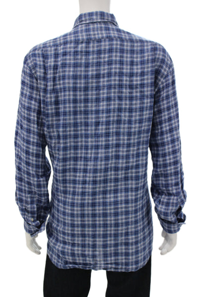 Polo Ralph Lauren Mens Button Down Blue Plaid Linen Size 2XL