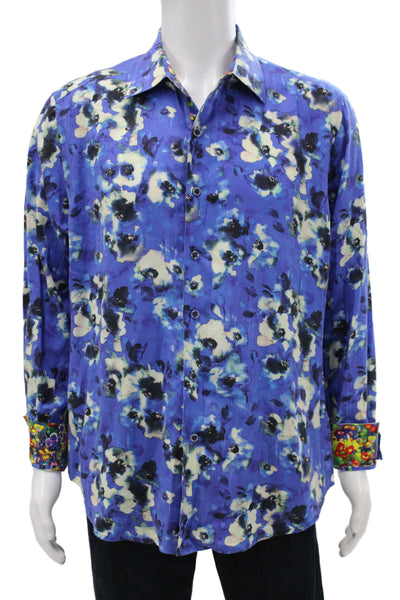 Robert Graham Mens Button Up Floral Blue Collared Cotton Shirt Size XL