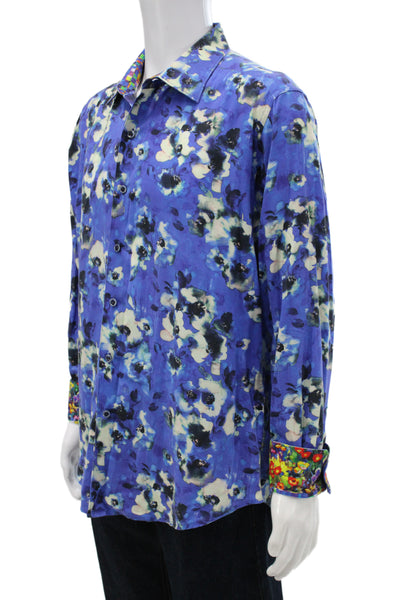 Robert Graham Mens Button Up Floral Blue Collared Cotton Shirt Size XL