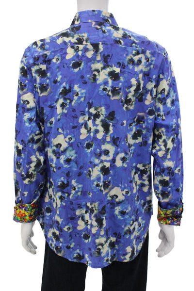 Robert Graham Mens Button Up Floral Blue Collared Cotton Shirt Size XL