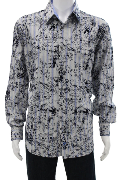 Bugatchi Mens Cotton Blend Paisley Print Button Up Short Blue Size XL
