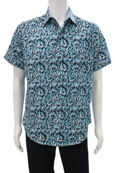 Robert Graham Mens Button Up Shirt Blue Geometric Cotton Short Sleeve Size M