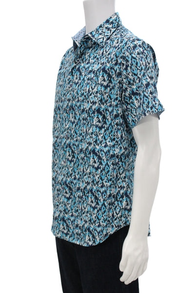 Robert Graham Mens Button Up Shirt Blue Geometric Cotton Short Sleeve Size M