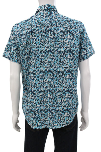 Robert Graham Mens Button Up Shirt Blue Geometric Cotton Short Sleeve Size M