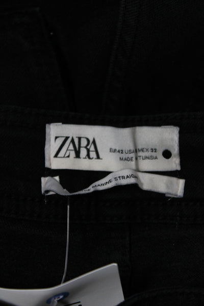Zara Women Black High Rise Straight Jeans Cotton Button 27in Inseam Size 10