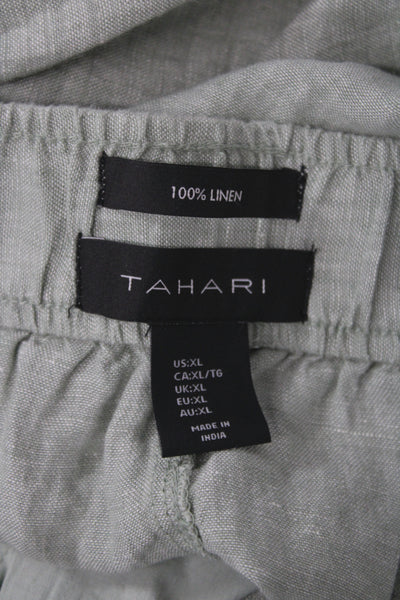Tahari Women Cropped Green Linen Pants Pull On Solid Summer Casual Size XL