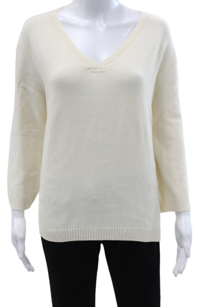 St. John Sport Women Ivory V Neck Pullover Sweater Knit 3/4 Sleeve Size XL