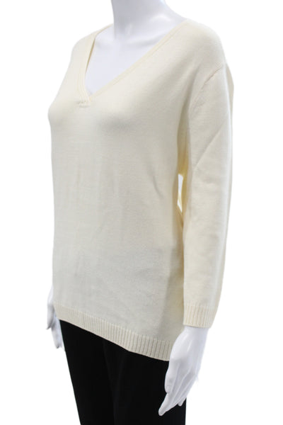 St. John Sport Women Ivory V Neck Pullover Sweater Knit 3/4 Sleeve Size XL